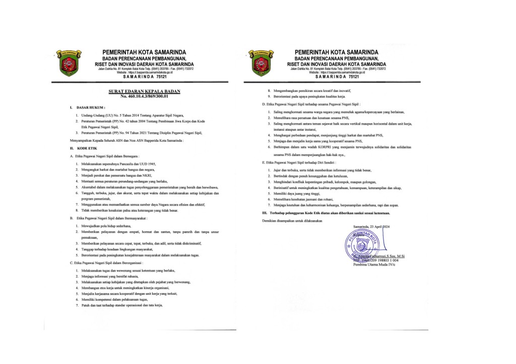 Surat Edaran Kepala Bapperida tentang Kode Etik Pegawai di Lingkungan Bapperida Kota Samarinda