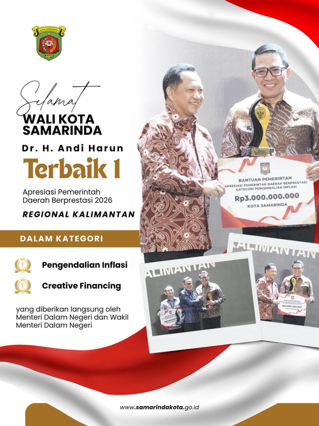 Wali Kota Samarinda Raih Penghargaan Terbaik I Regional Kalimantan dalam Pengendalian Inflasi dan Creative Financing